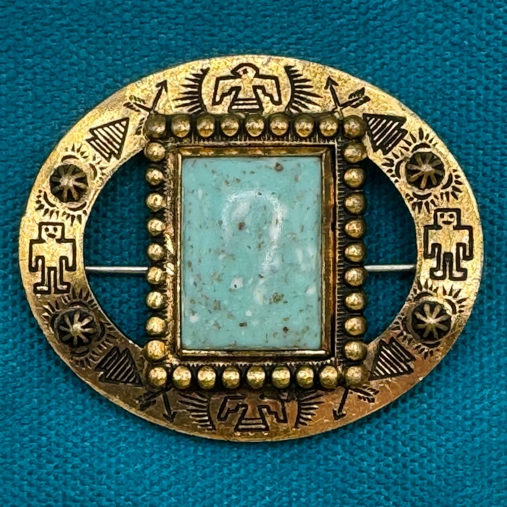 Southwestern-Style Brooch with Turquoise Lucite Center – Unmarked, Retro Style